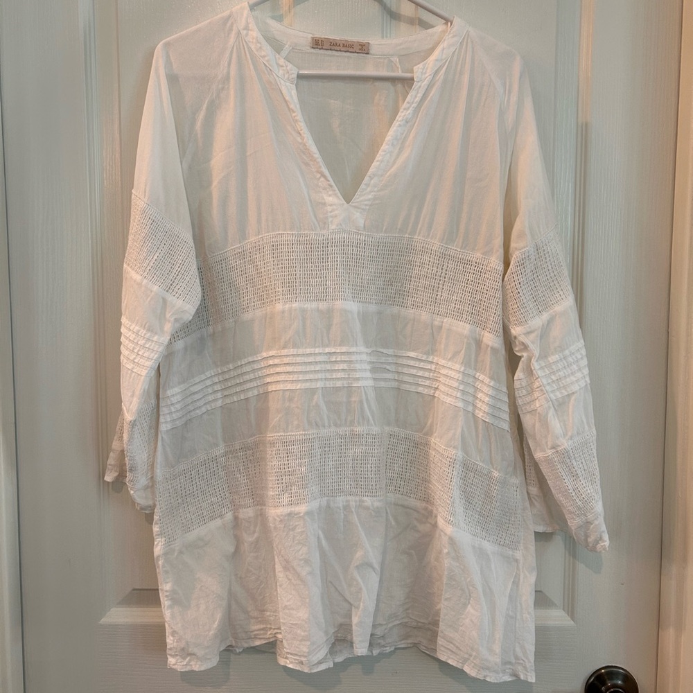 Zara Cream Textured V-Neck Tunic